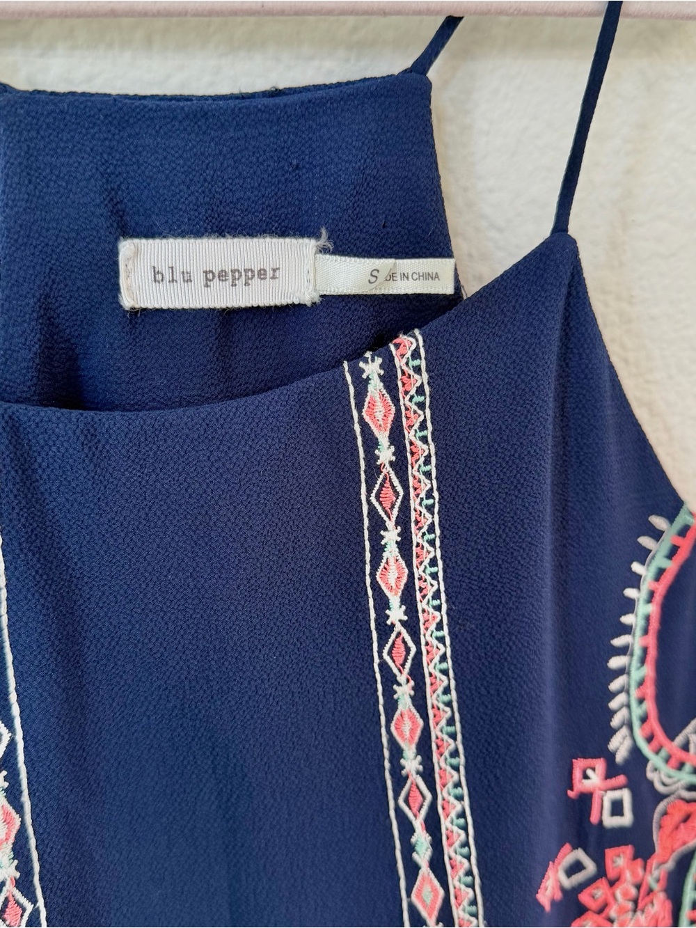 BLU PEPPER Sleeveless Navy Blue Embroidered Boho Mini Dress Cottagecore S - Picture 5 of 12